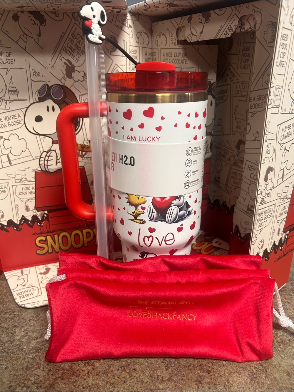 Authentic rare limited edition Stanley Peanuts 'I Am Lucky' Love H2.0 Tumbler